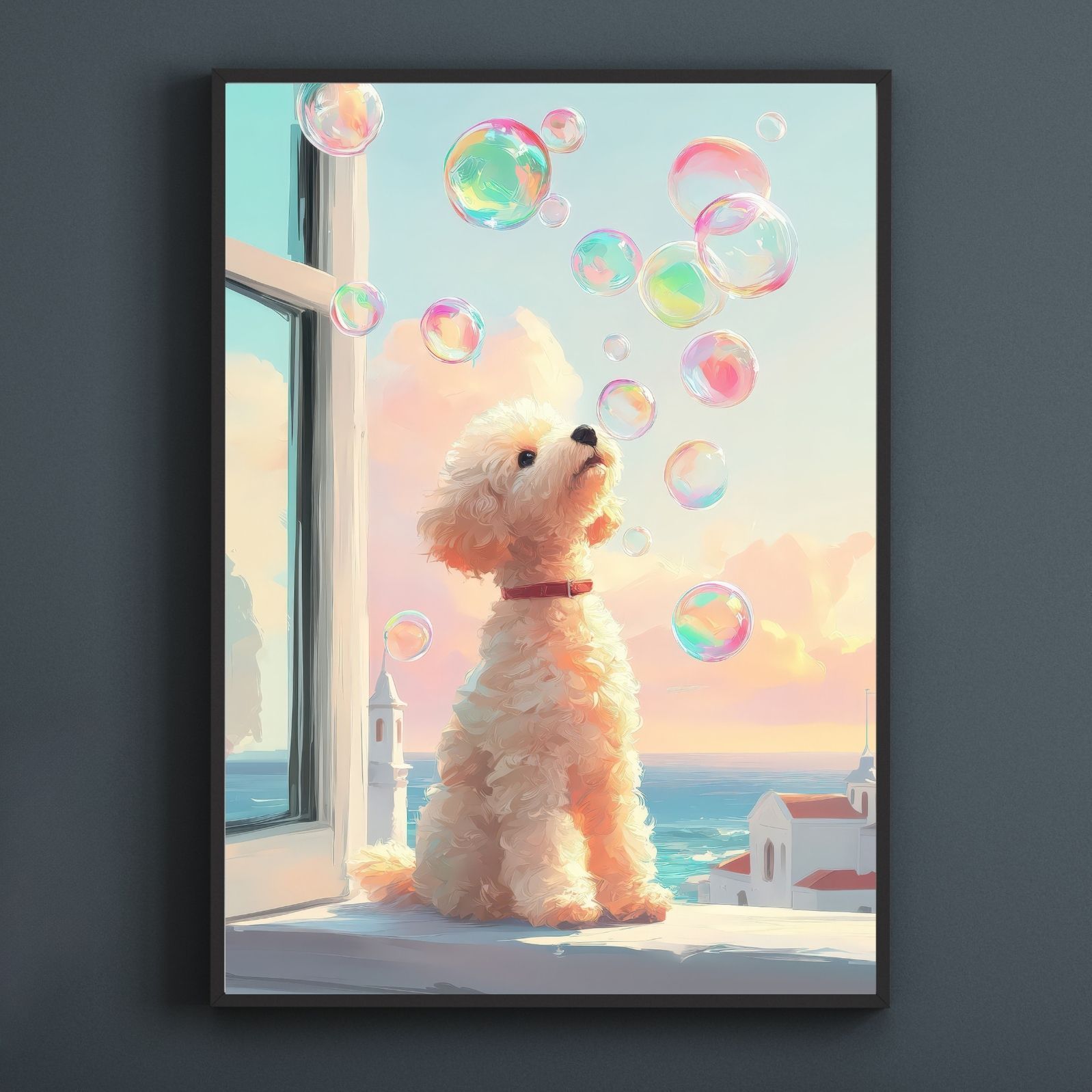 名入れOK 犬とシャボン玉 - トイプードル犬 No.2 アートポスター うちの子記念日 ペットロス 北欧 ナチュラル