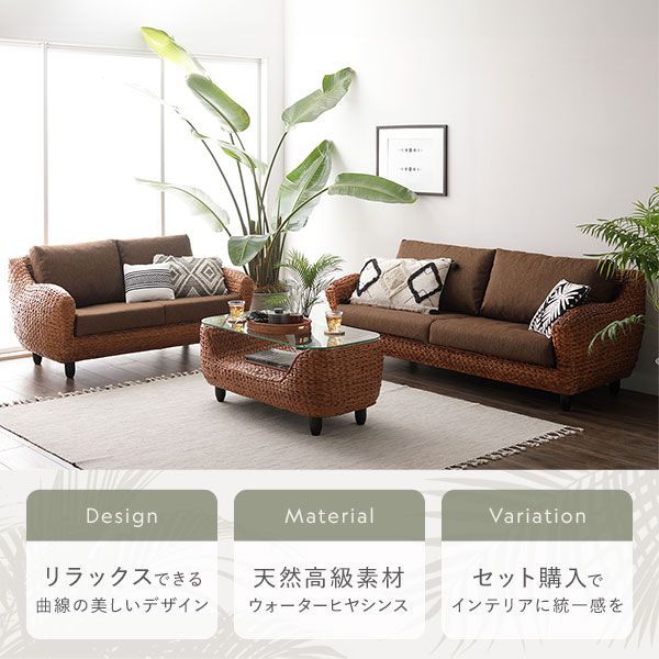 〔開梱組立設置サービス付き〕 インテリア家具 3点セット 2人掛けソファ 3人掛けソファ ローテーブル ブラウン 木製 脚付き 足付き センターテーブル付き アジアン調 天然木 ウォーターヒヤシンス リビング家具 生活家具