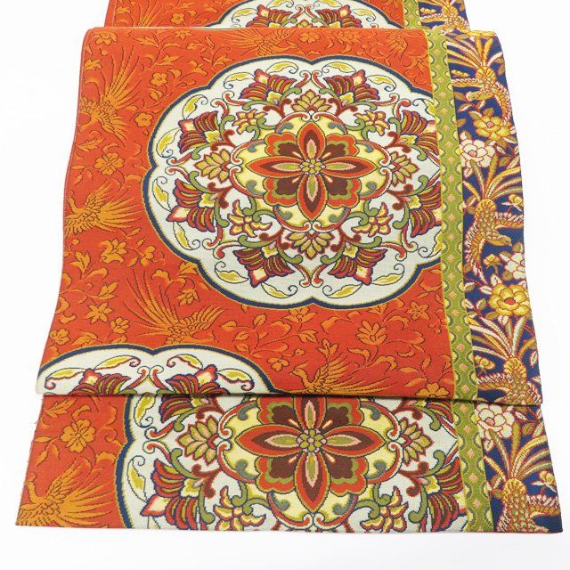 陽文綴れ風佐波理風花模様箔糸六通仕立て上がり中古正絹袋帯T740-4