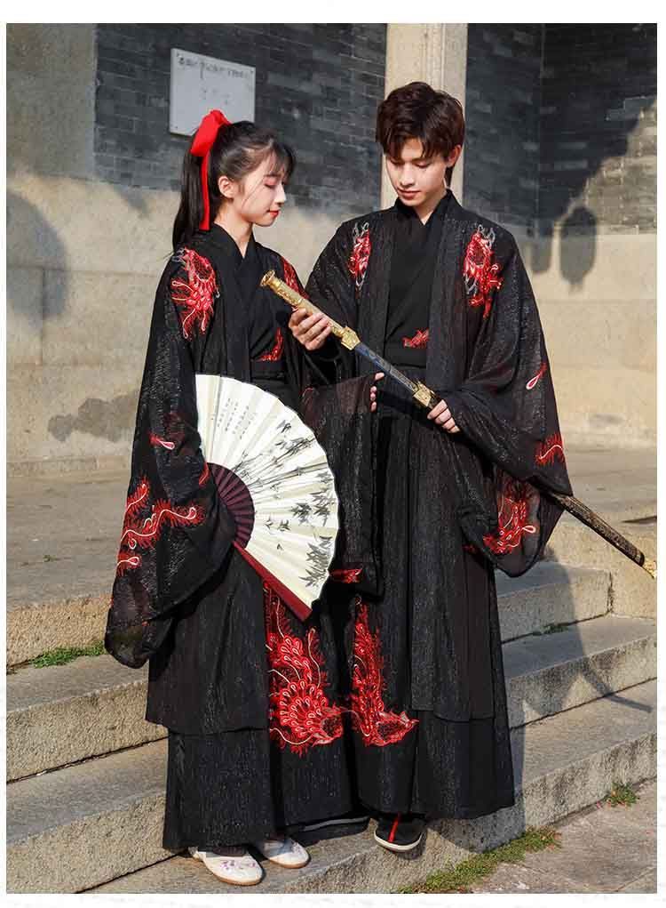 大人 チャイナ服 2点セット 3点セット 黒 おしゃれ 漢服 中華服 メンズ チャイナ風コスプレ衣装 中国古代服装 袴風 中華コスプレ衣装 タンチョウ 龍柄 刺繍 赤縁取り 振袖羽織 ハロウィン イベント チャイナ古代古典 中華衣裳