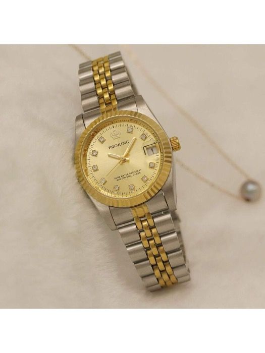 腕時計 レディース クォーツ 本物のクラウン腕時計 防水 ビジネス レトロファッション ラインストーン レディース腕時計 ステンレススチール カレンダー エレガントカジュアル ゴールドダイヤ