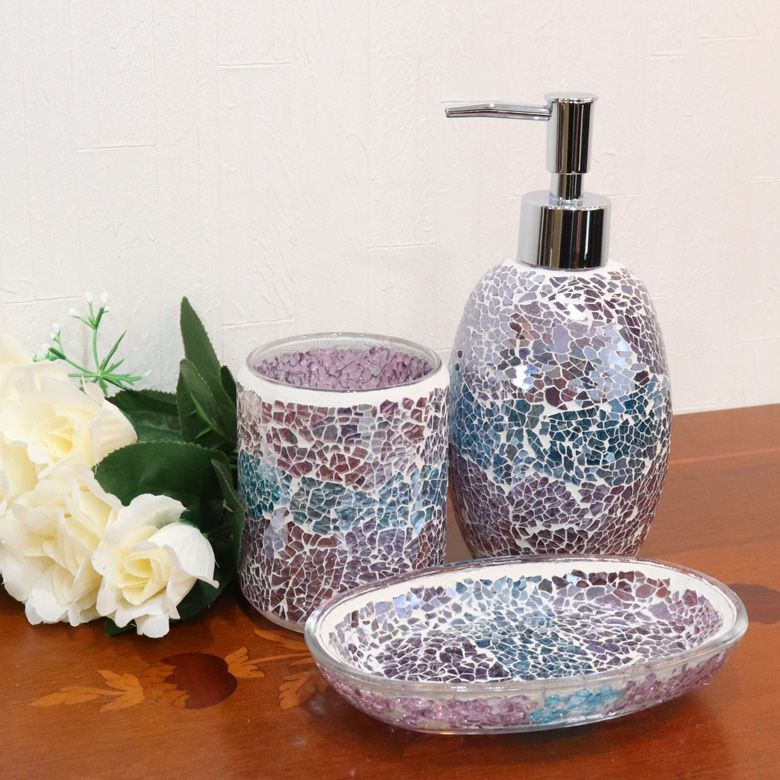 クラックガラス 洗面台 3点セット タンブラー アメジストターコイズ