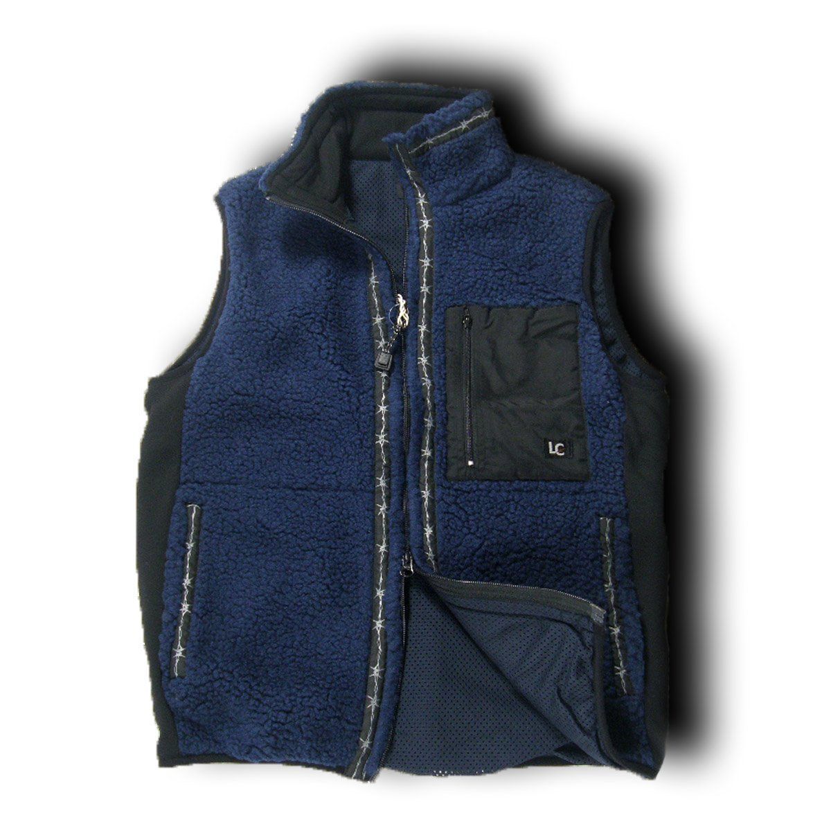 LAST CHANCE SPORTSWEAR ラストチャンス スポーツウェア 有刺鉄線 ボア フリース ベスト ダブルジップ バーブドワイヤー ボアフリース シープボア 紺 ネイビー 黒 ブラック エクストリームスポーツ ｜ 秋冬