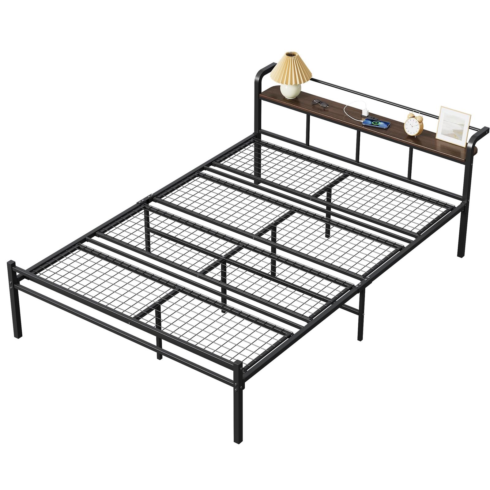 スチールベッドフレーム 組立簡単 高さ31cm bed 床下収納 棚付き 頑丈なべっどふれーむ frame 静音 ダブルベッド パイプ 宮棚 double 2口コンセント コンセント付き パイプベッド ACHJ629BL ダブル ベッドフレーム WLIV