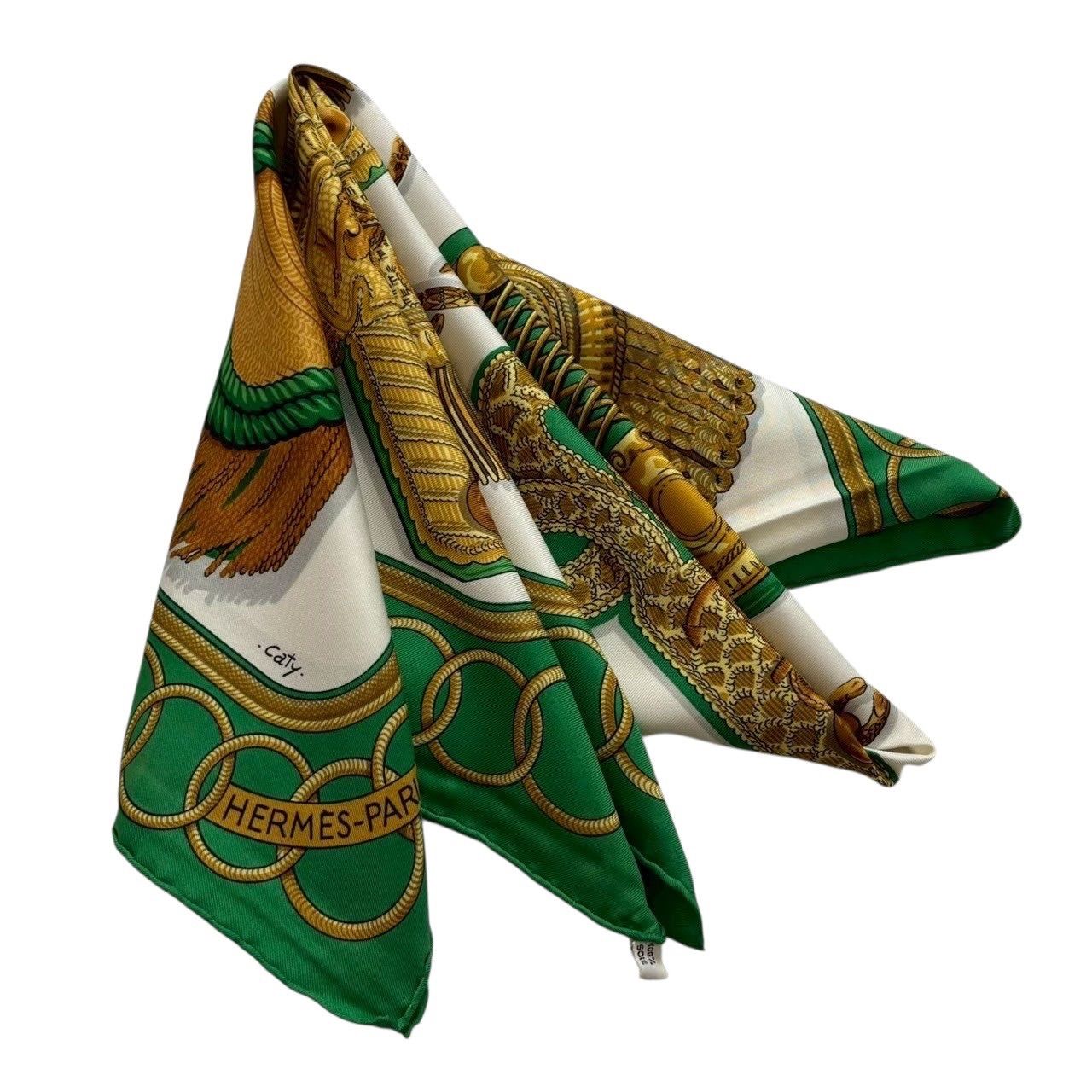 HERMES エルメス スカーフ 緑 金 caty Epaulettes カレ90 レディース