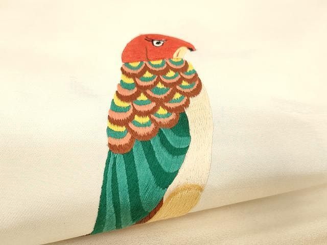 平和屋着物○西陣 九寸名古屋帯 総刺繍 尾長鶏 証紙付き 正絹 逸品