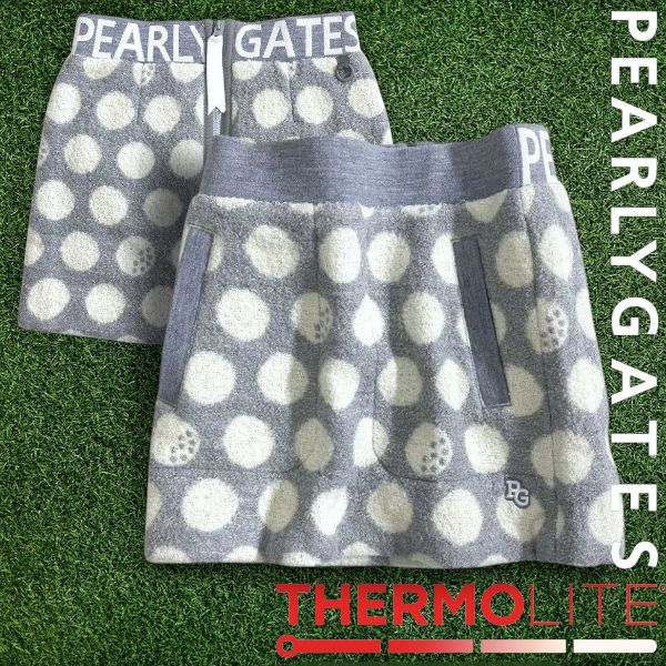 パーリーゲイツ ゴルフ 軽量保湿素材 THERMOLITE リングチェック BIGドット柄 総柄 中綿入り ミニ スカート ゴルフウェア レディース 055-2234118 定価3万 ライトグレー オフホワイト ▲034 51023w03
