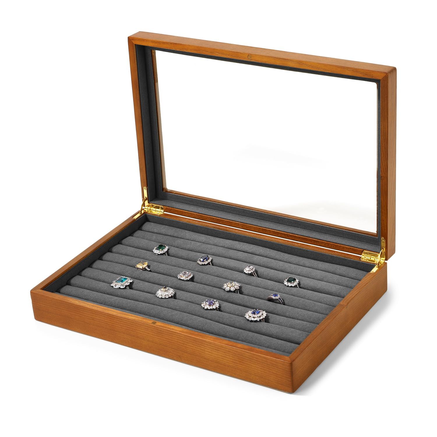 Oirlv ジュエリートレイ 蓋付き 木製 ジュエリーボックス 指輪 ピアス 大容量 ディスプレイ 収納 透明 おしゃれ 適格請求書に対応 X02404 ダークグレー