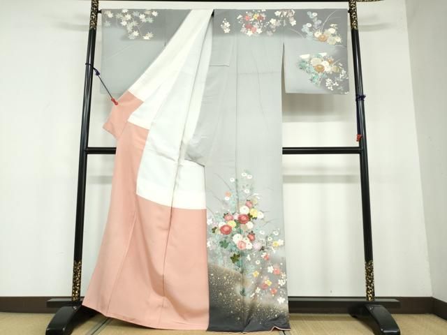 平和屋着物●英王室献上友禅作家　木下勝功　訪問着　刺繍　草花文　暈し染め　金銀彩　正絹　逸品　DAAY5194ud 平和屋着物○英王室献上友禅作家 木下勝功 訪問着 刺繍 草花文 暈し