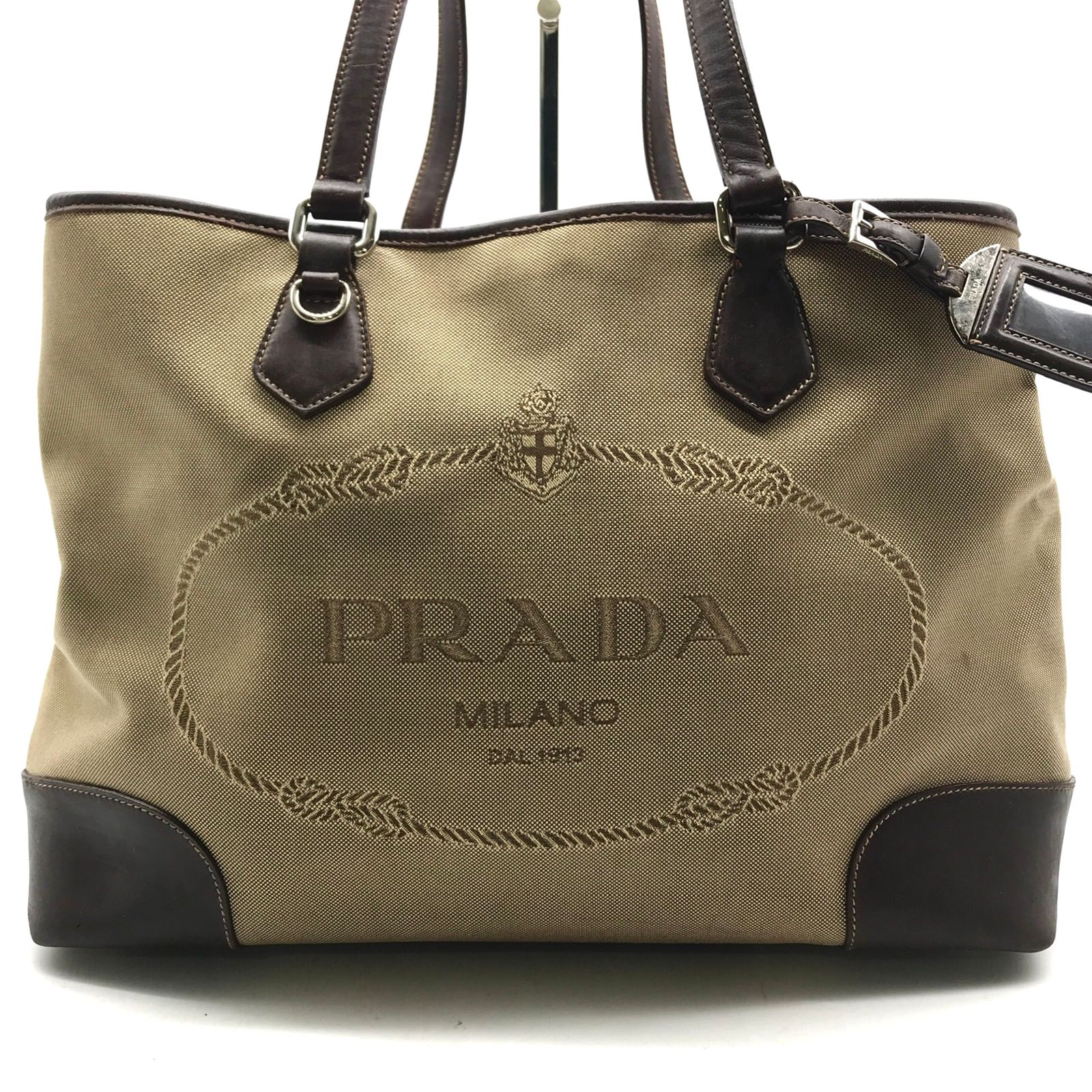 PRADA プラダ 三角ロゴ ジャガード キャンバス レザー トート ショルダー バッグ ブラウン a2168