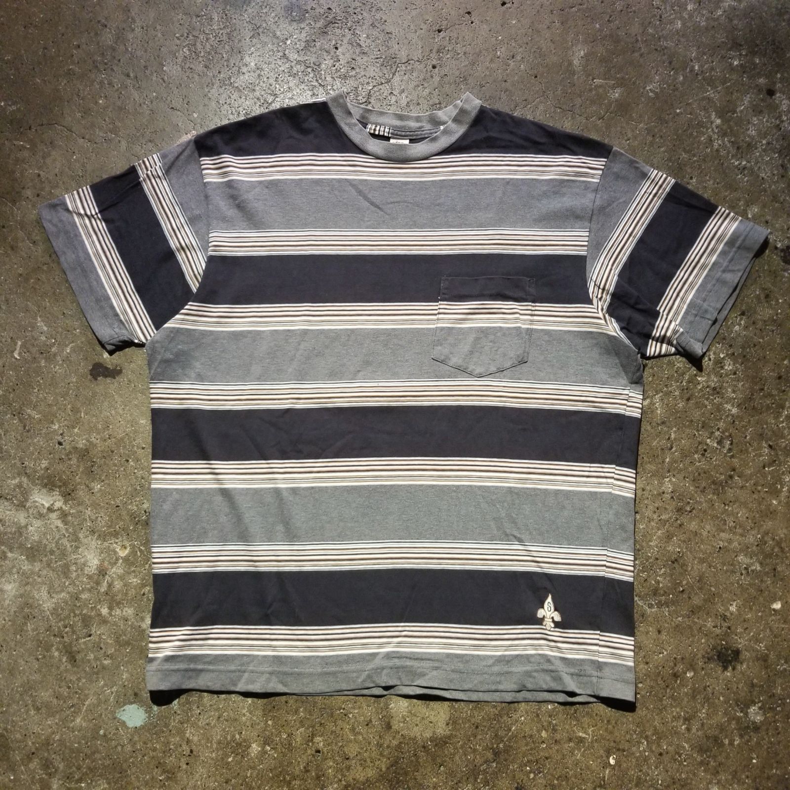old stussy 90s USA ボーダー　白タグ オールド　ステューシー STUSSY 90s 白タグ ボーダーTシャツ L ロゴ刺繍 USA製 OLD