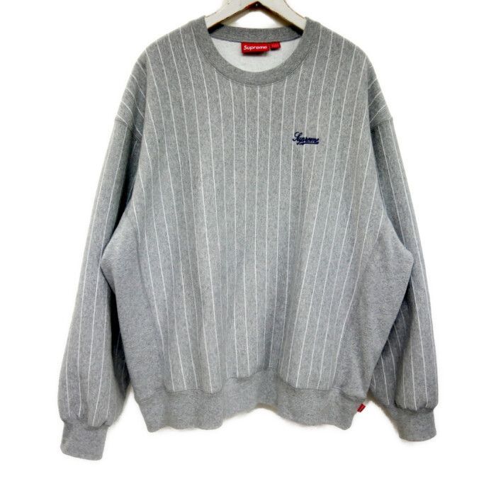 Supreme 正規 24SS Pinstripe Crewneck ピンストライプクルーネック スウェット スクリプトロゴ刺繍 カナダ製 Heather Grey ヘザーグレー XL