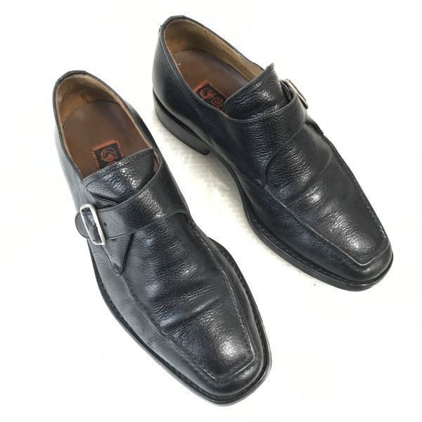 90 s Made in Italy シボ本革 グッドイヤー製法 モンクストラップ 39 24.5 黒 BLACK ビジネス Vintage dress shoes D-76