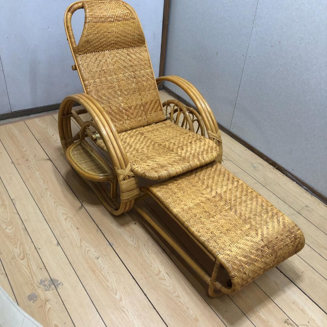 昭和レトロ ラタンリクライニングチェア オットマン付き 250717 昭和レトロ ラタンリクライニングチェア オットマン付き 250717