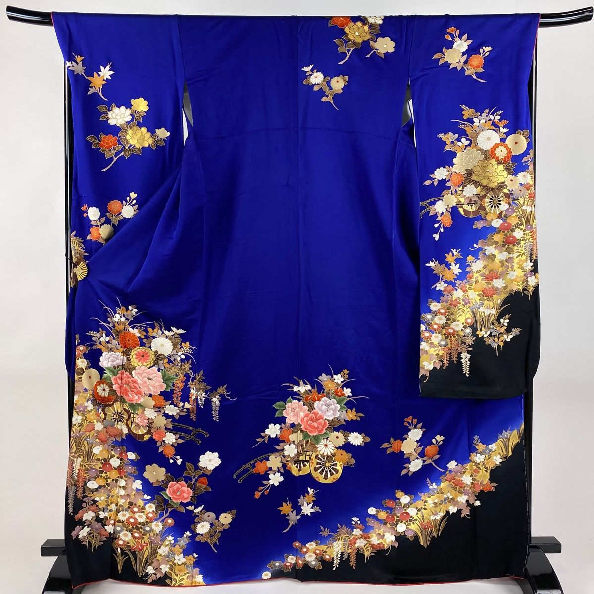 振袖 身丈167.5cm 裄丈68.5cm L 袷 花車 牡丹 金糸 刺繍 青紫 正絹 秀品