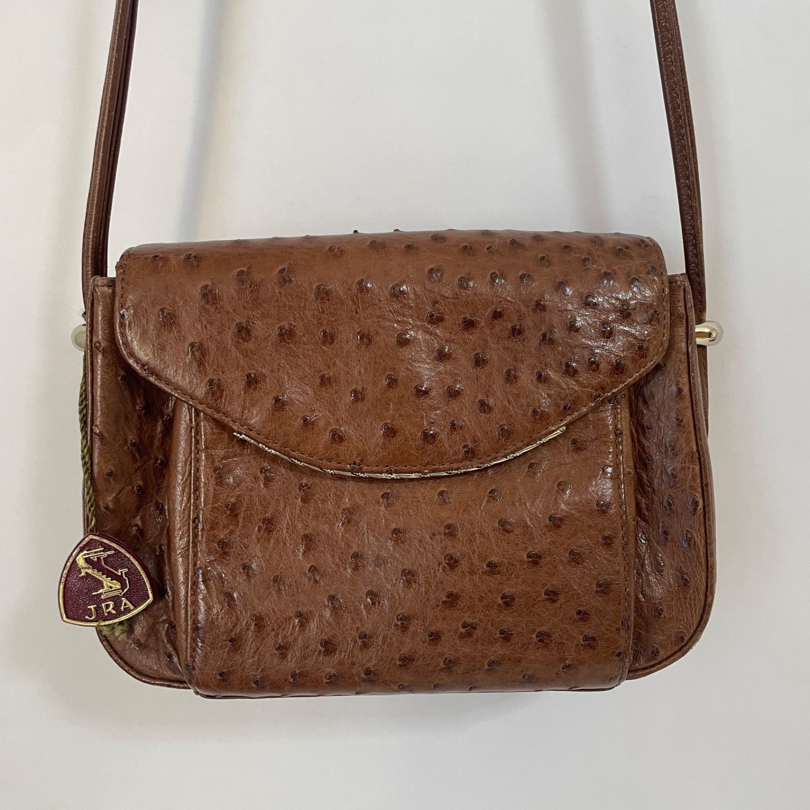 美品】JRA認定 オーストリッチ レザー ショルダーバッグ キャメル  