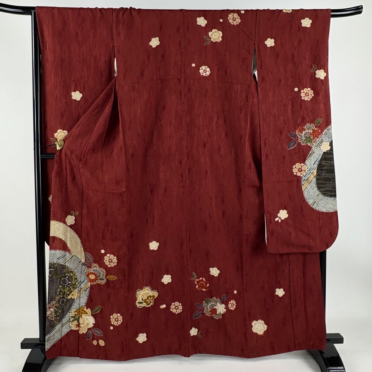 振袖 身丈163.5cm 裄丈67.5cm L 袷 桜 梅 金彩 赤茶 正絹 名品