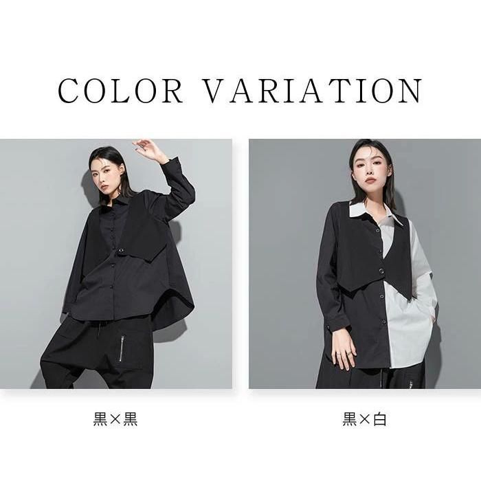赤字覚悟!フェイクレイヤード シャツ レディース 配色 トップス ロングシャツ 春 秋 冬 デザイン 長袖 アシンメトリー 無地 個性的 ファッション ゆったり フェイクレイヤード シャツ レディース 配色 トップス ロング
