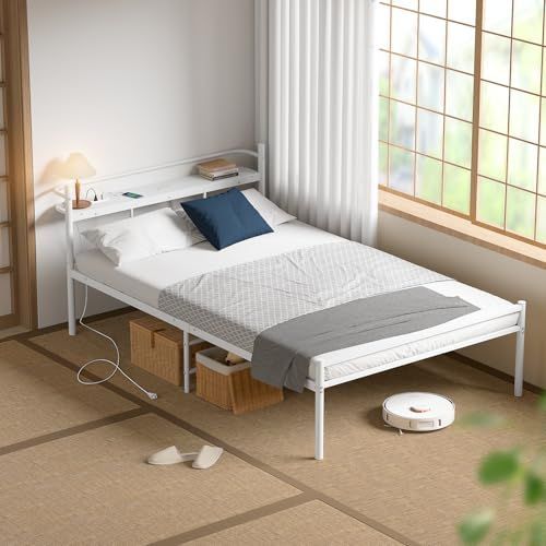静音 スチールベッド 頑丈なべっどふれーむ 宮棚 棚付き コンセント付き セミダブルパイプベッドフレーム 床下収納高さ30cm ベッド 組立簡単 H m セミダブル セミダブルホワイト 耐荷重300Kg 2口コンセント ベッドフレーム