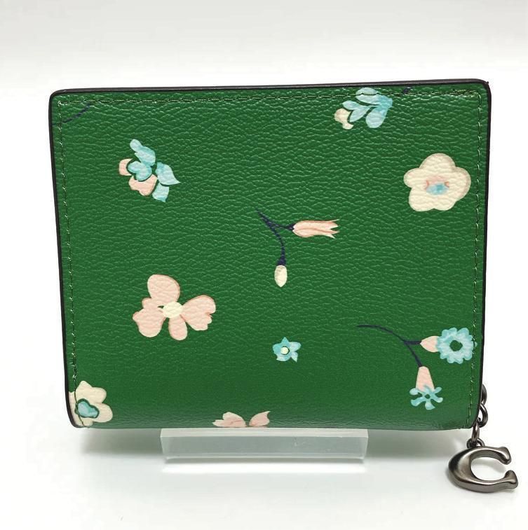 COACH 新品 花柄 グリーン 折り財布 コーチ フラワー 緑 財布 W23