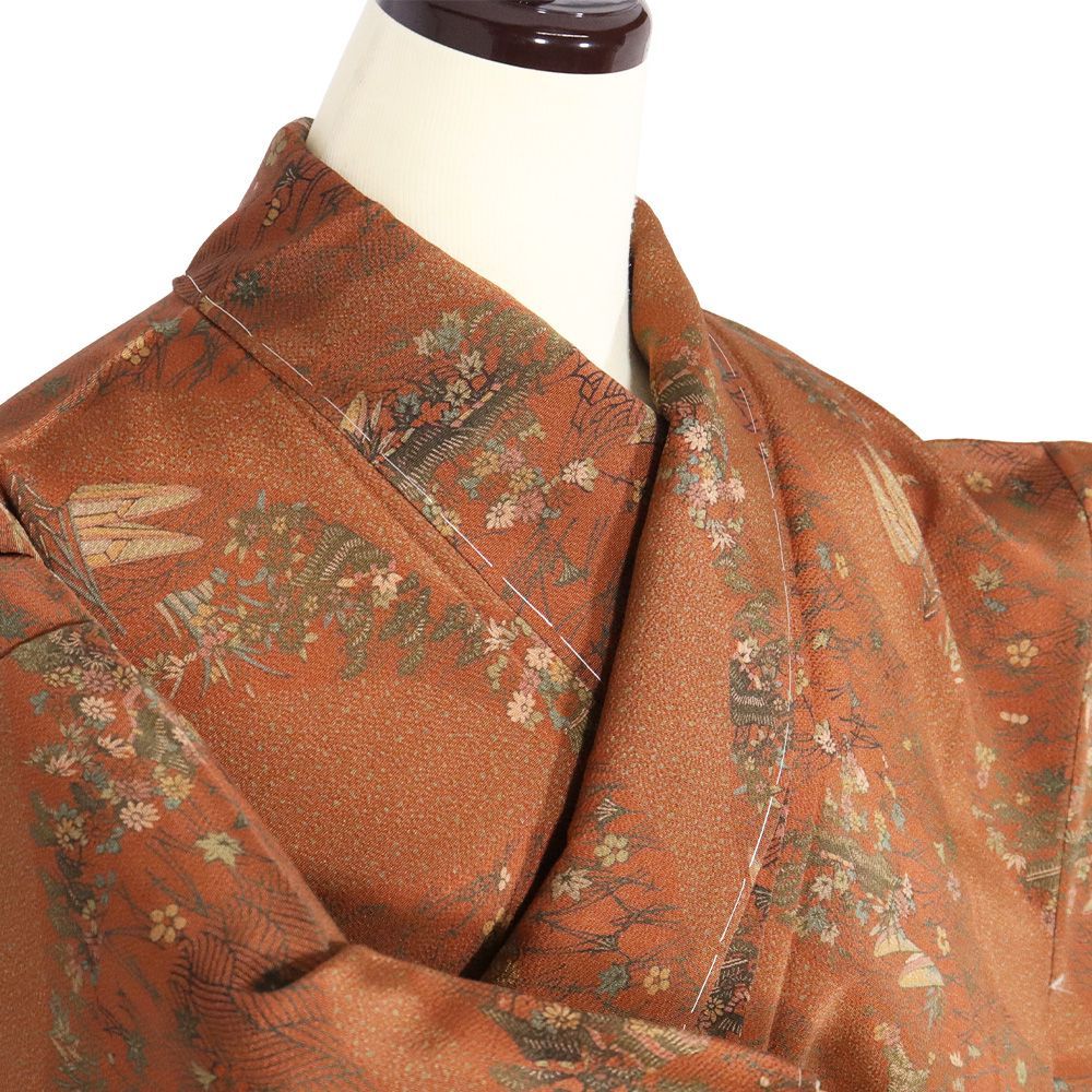 小紋 南部幸雄 鳥に花模様 格子柄 弁柄色 縮緬 K-4404 小紋 南部幸雄 鳥に花模様 格子柄 弁柄色 縮緬 K-4404