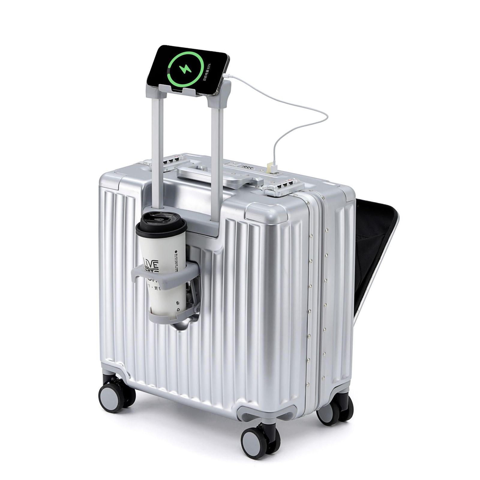 2025 スーツケース 横型 フロントオープン キャリーケース 小型 ビジネス ストッパー付き 機内持ち込み シルバー ワンタッチオープン USBポート付き キャリーバッグ 前開き 座れる トップオープン カップホルダー付き パソコン収納ポケット 充電機