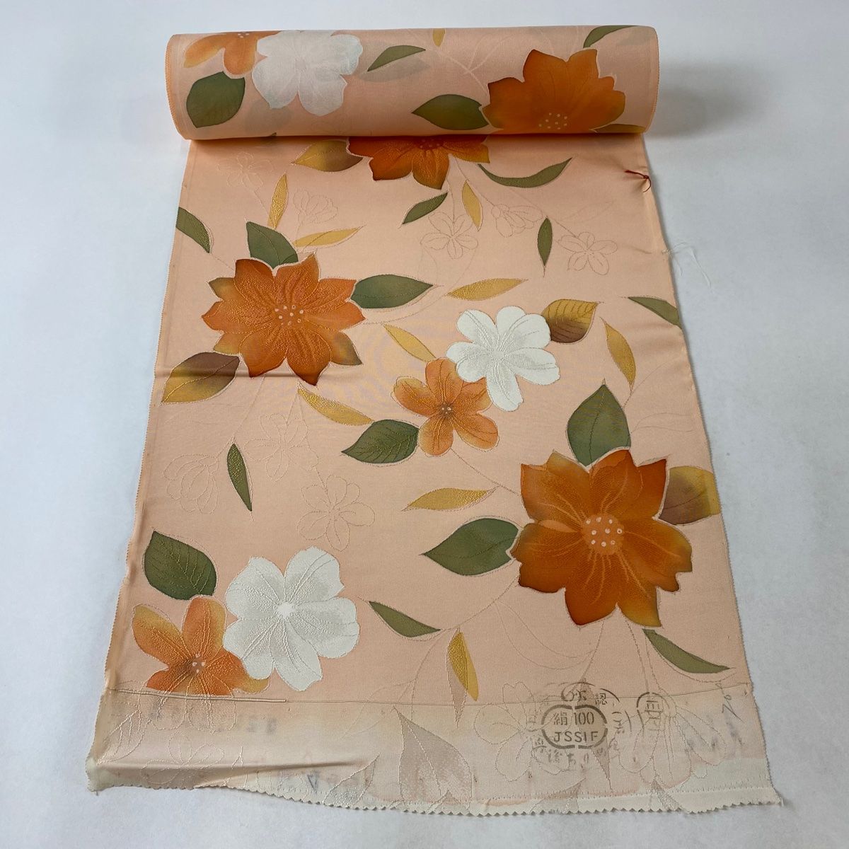 反物 秀品 小紋 草花 地紋 薄オレンジ 正絹