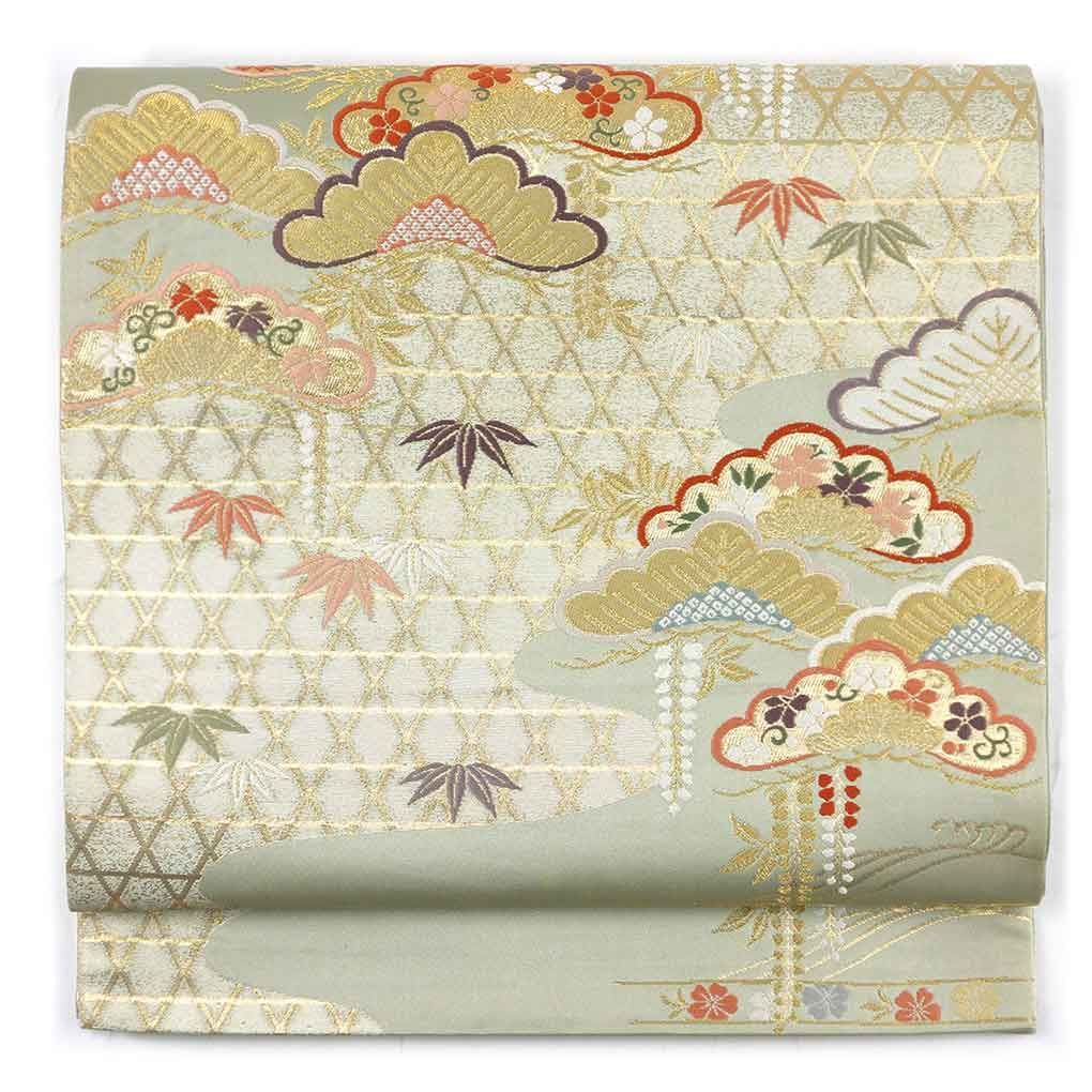 袋帯 幅31cm 長さ434cm レディース 松 秋冬春用 正絹 シルク グリーン リメイク リユース リサイクル 呉服のきくや