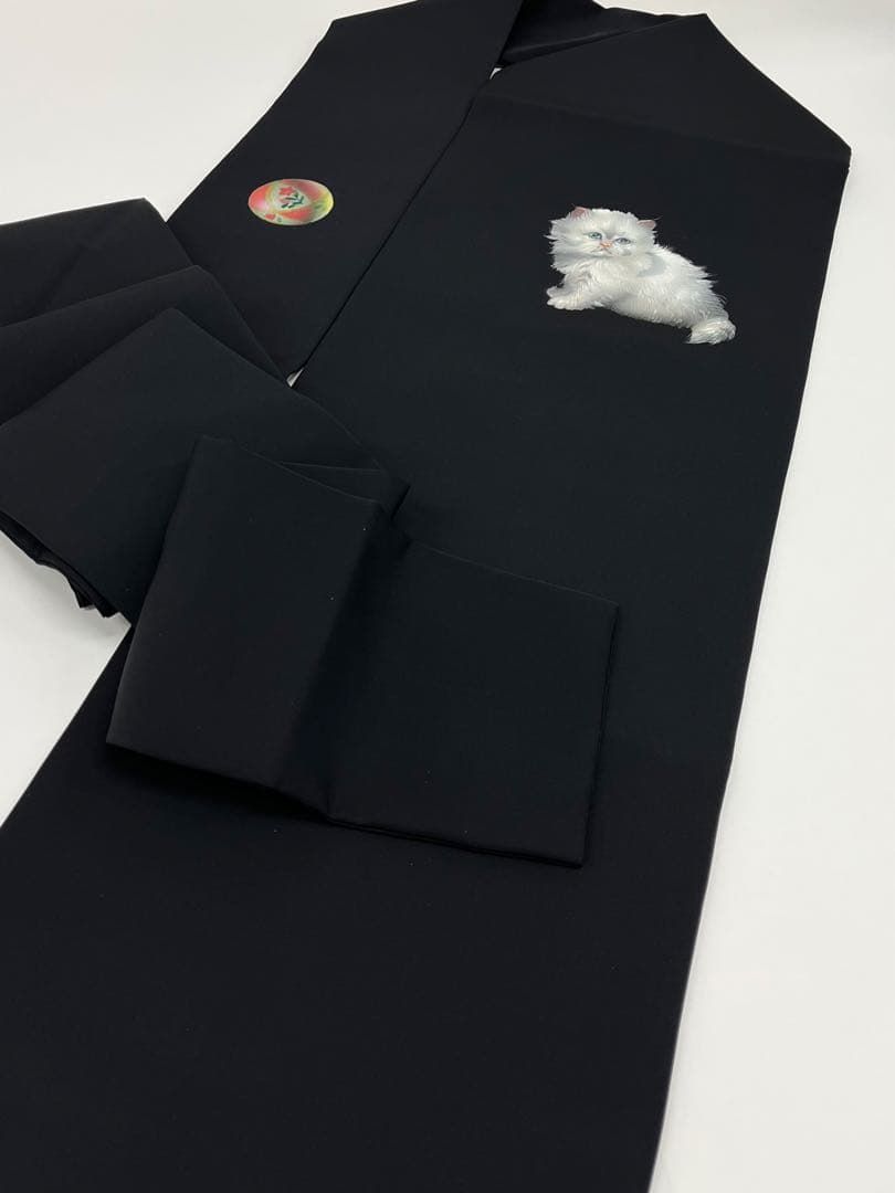白猫 素描 手描き 塩瀬 九寸名古屋帯 ♥品 正絹 黒地