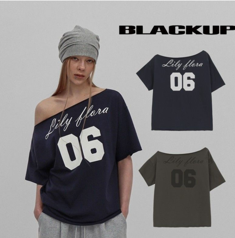 【韓国 BLACKUP】フリッピーボートネックプリンティングTシャツ 韓国 BLACKUP】☆フリッピーボートネックプリンティングTシャツ