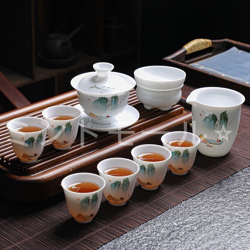 高山流水 手描き 羊脂玉磁器 光沢仕上げ 茶器11点セット 父の日 母の日 プレゼント 茶器セット 急須セット 日本茶セット 茶具 ギフト 工