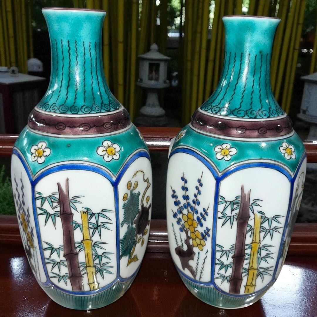 群馬県からの蔵出品　江戸〜明治期頃　青手面取窓絵九谷徳利　一対　無傷　本物保証 群馬県からの蔵出品 江戸〜明治期頃 青手面取窓絵九谷徳利 一対