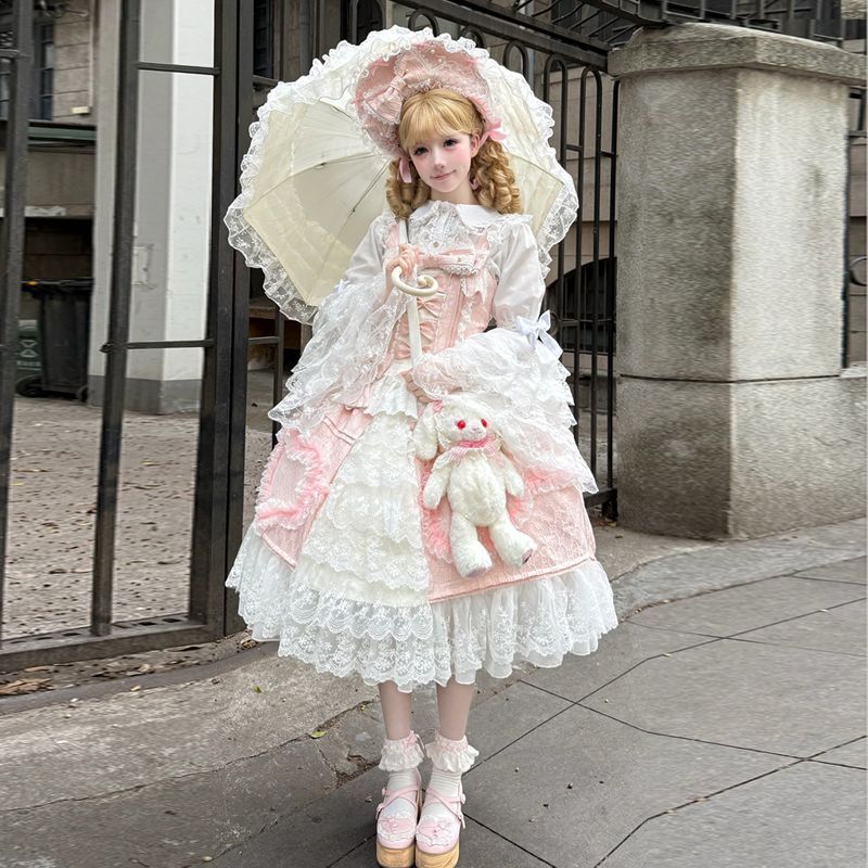 オリジナルデザイン 豪華JSKロリータワンピース 重工レース ロココ風 ドール風 甘ロリ 華ロリ ピンク ハートリボン メイド風 ロリータセット 撮影会 舞台衣装 仮装 ハロウィン イベント用 コスチューム 洋服