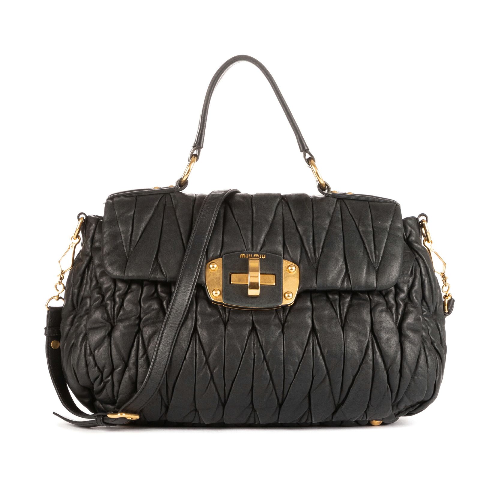 MIU MIU ミュウミュウ大フラップサッチェル黒マトラッセパテントレザーA