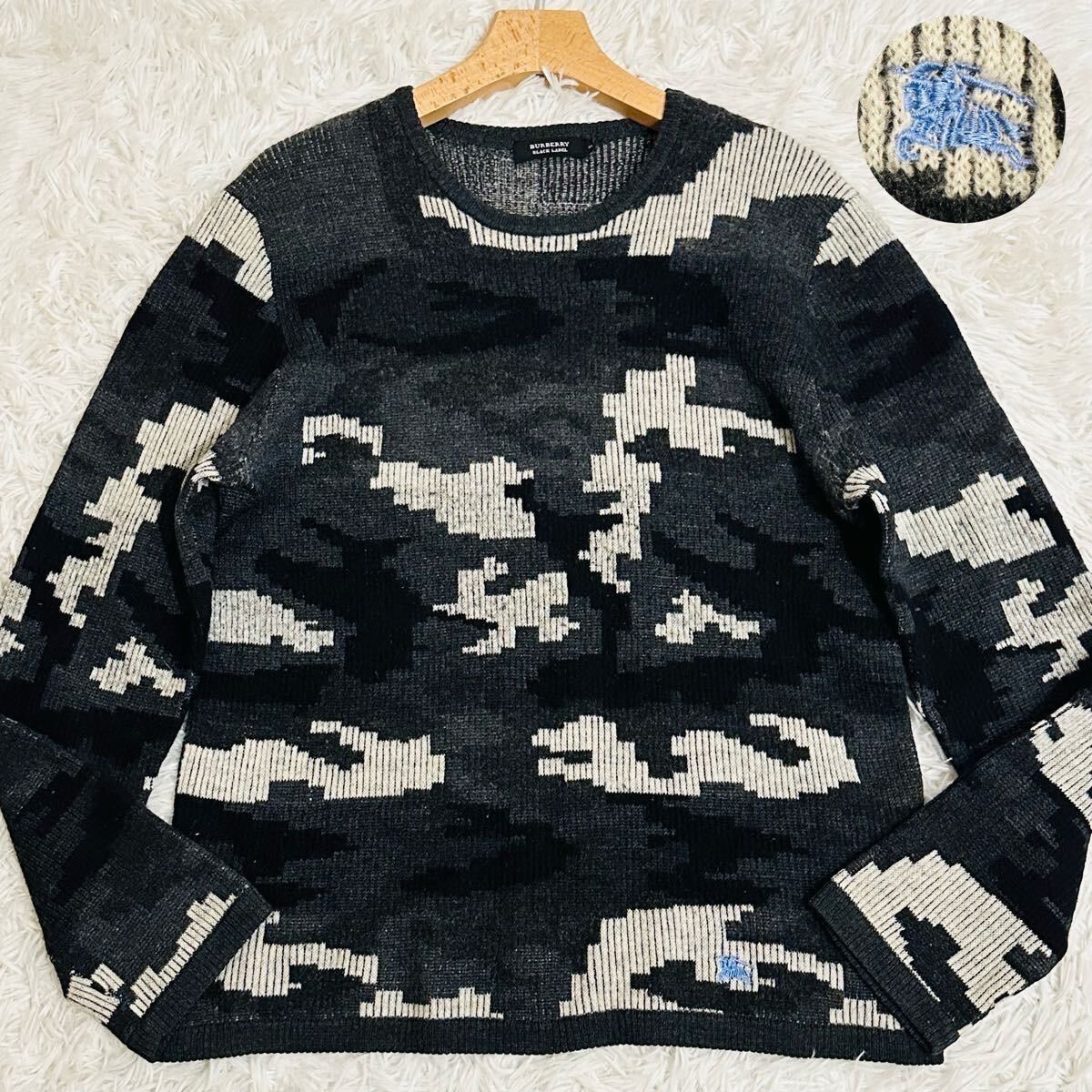 美品 希少L(3) バーバリーブラックレーベル ニット セーター カモフラ 