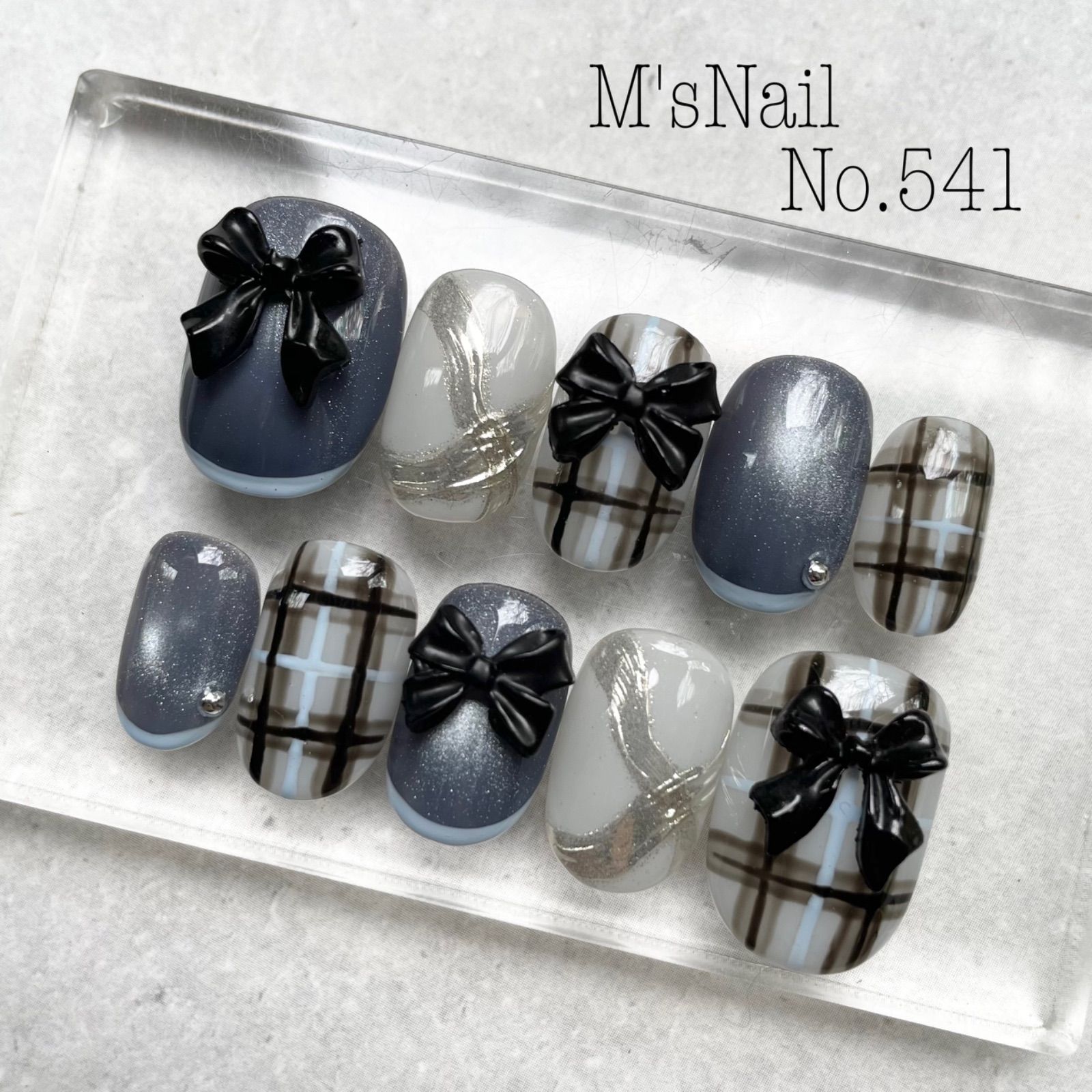 ネイルチップ  チェック リボン 量産型 ガーリー 地雷系 ブルー 青 水色 マグネット 可愛い ちゅるん
