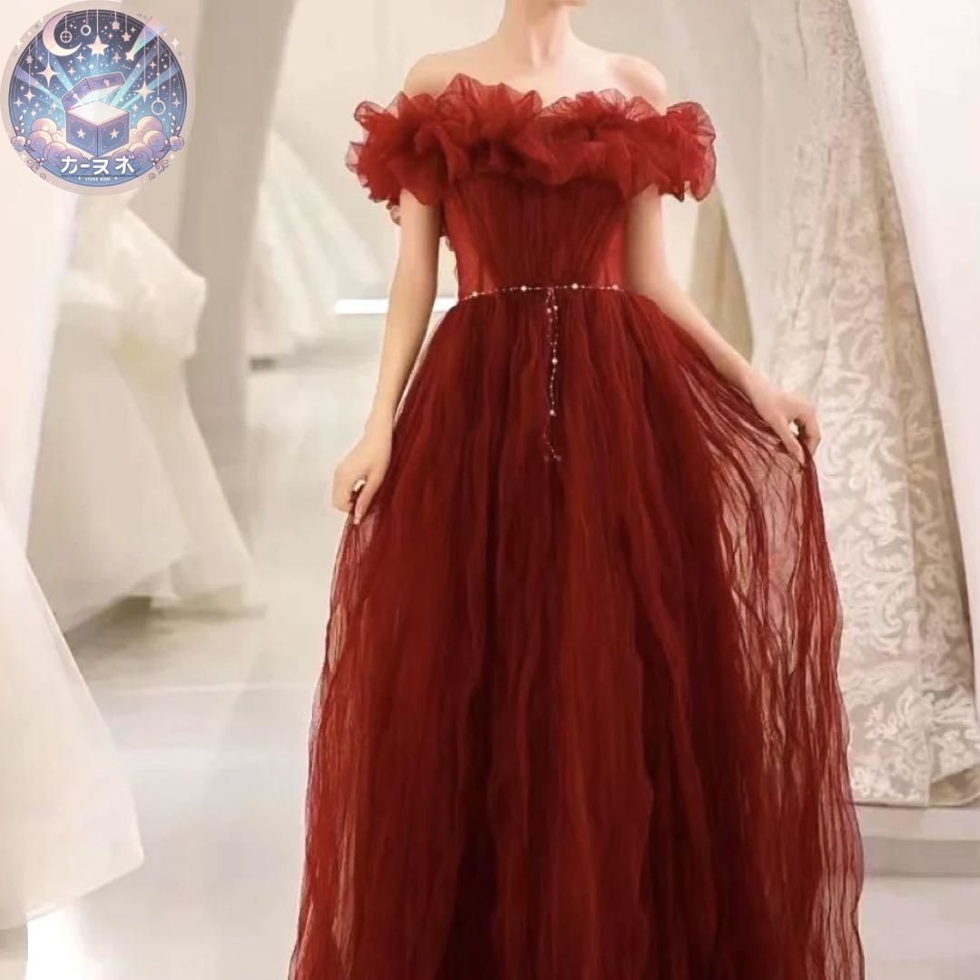 パールがオシャレで可愛い フリル オフショルイブニングドレス