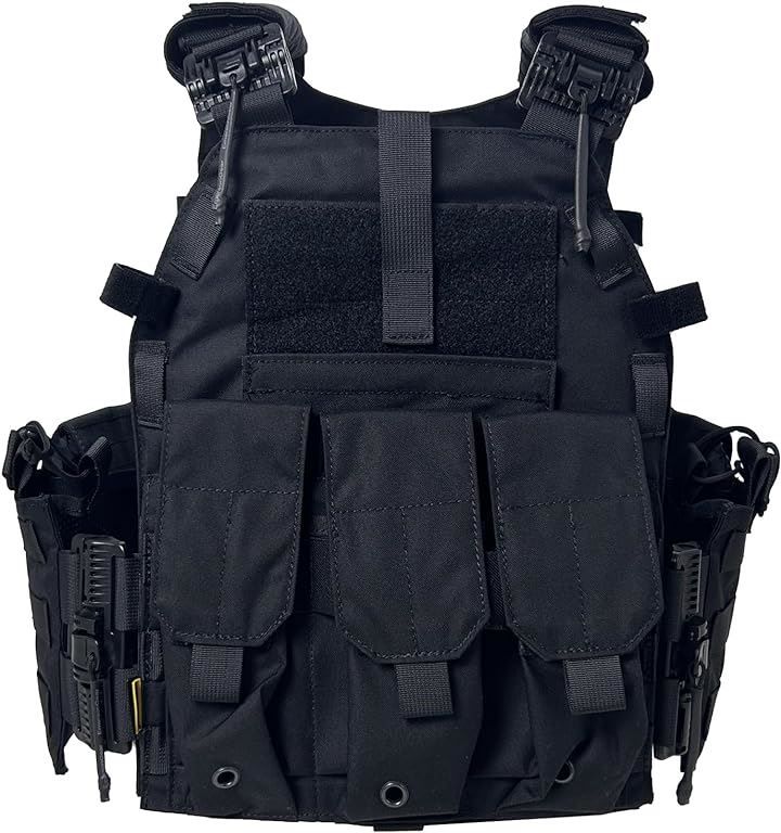 ULIONTAC タクティカルベスト 500Dナイロン ミリタリー サバゲー 実物 プレートキャリア マガジンポーチ MOLLEシステム バックル付き チェストリグ用 サイズ調整 軽量 ブラック ブラック