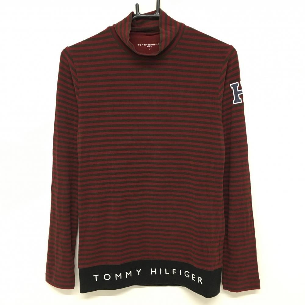 トミーヒルフィガー 長袖ハイネックシャツ　ボルドー×ブラウン ボーダー レディース L ゴルフウェア Tommy Hilfiger Golf