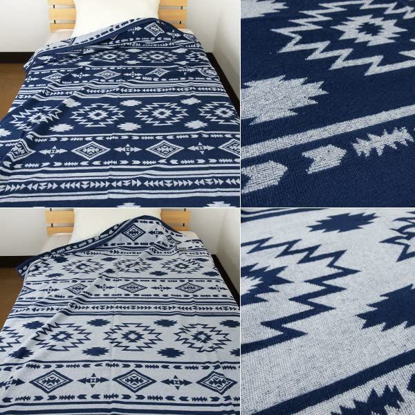 リヴェール タオルケット シングル エジプト綿 オルテガ柄 ジャガード織 ソファーカバー 夏用 ネイビー WWW_GEBZETESISAT_COM_TR