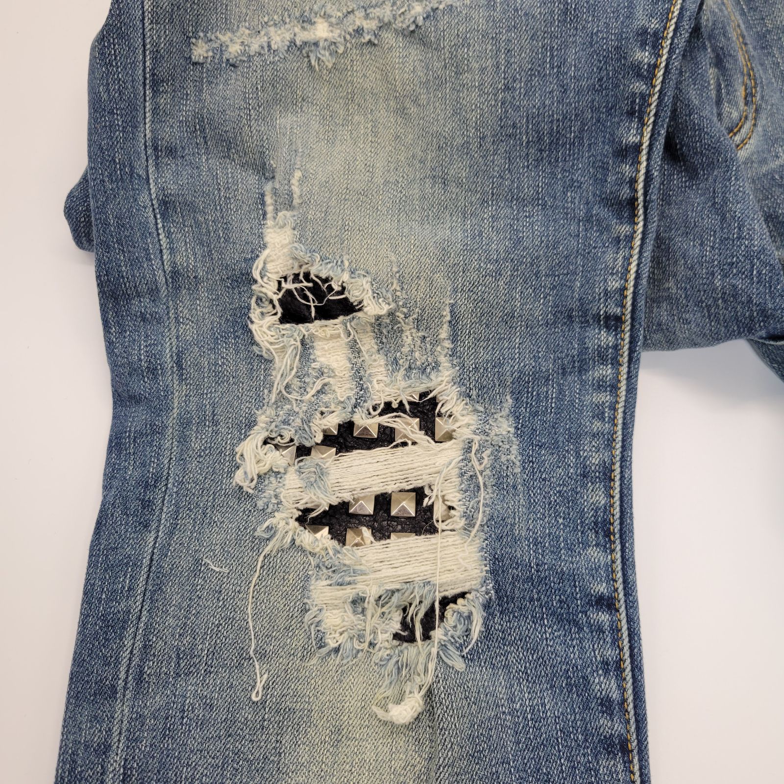 サンローランパリ D02 スキニー ダメージ デニム 29 レザーパッチ