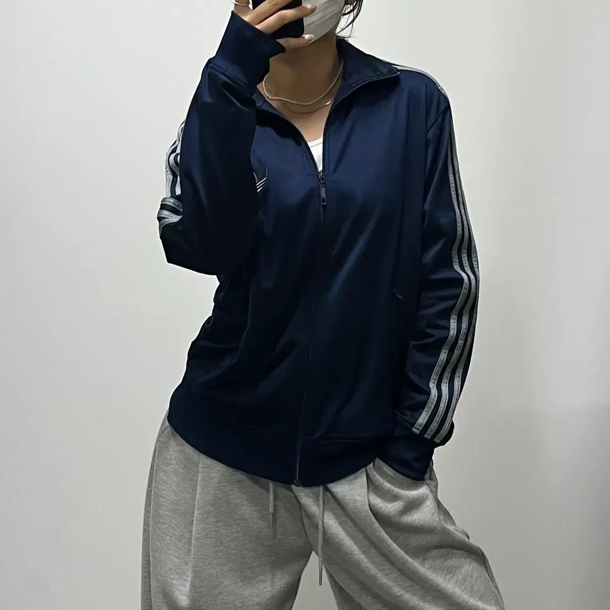 アディダス ファイヤーバード トラックジャージ トップス グレー ネイビー 100 092305