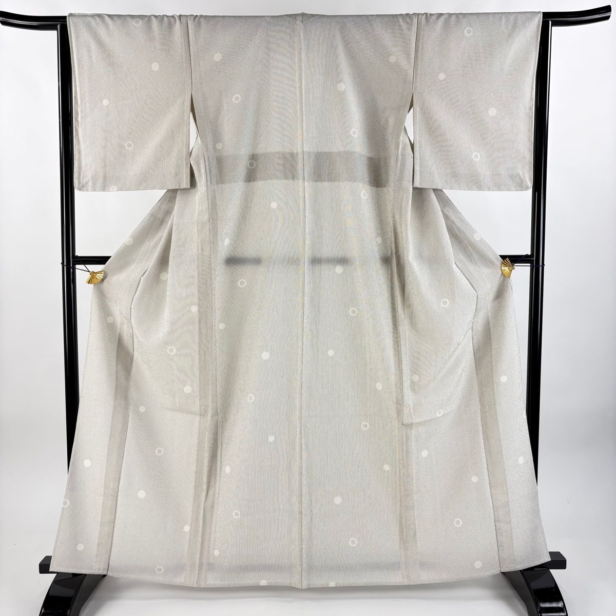紬 身丈163cm 裄丈65cm M 単衣 縦縞 丸 灰白 正絹 秀品