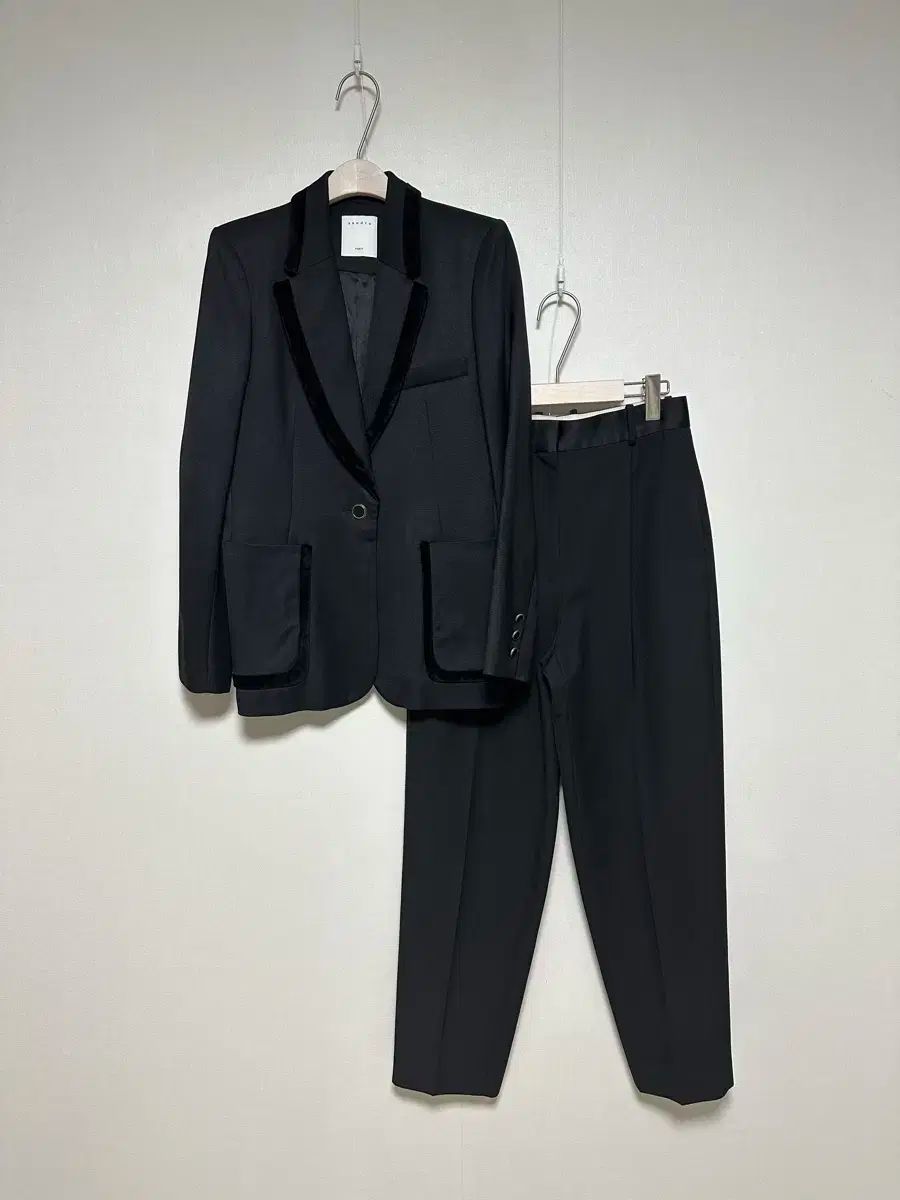 SANDRO サンドロ ベロア トリム ジャケット シルク テーパード パンツ セットアップ