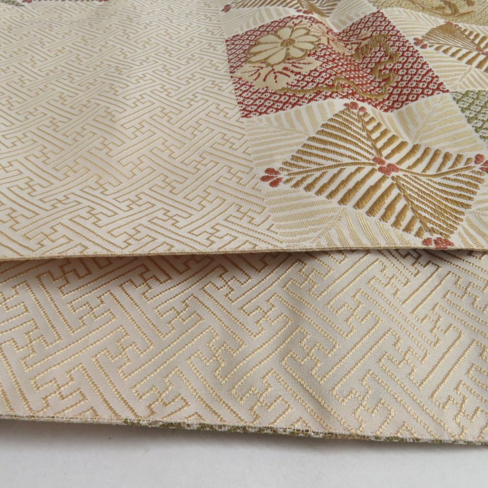 【夏の袋帯】 和装 着物 全通柄 市松紋様 絣 草花模様 金糸入り 夏の袋帯】 和装 着物 全通柄 市松紋様 絣 草花模様 金糸入り