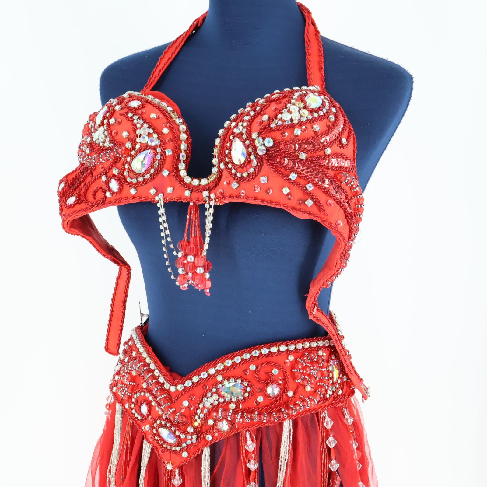 ベリーダンス用 オリエンタル衣装】レッド レース ラインストーン