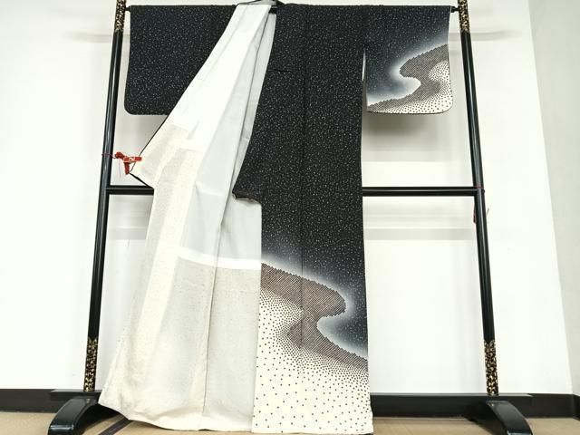 平和屋着物○訪問着 作家物 大小あられ 暈し染め 黒地 正絹 逸品  