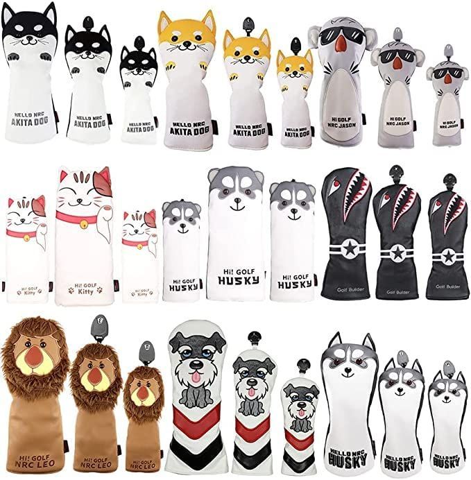 サメ ゴルフヘッドカバー ドライバー 1点/ウッド FW 2点/ユーティリティ UT用 1点 防水仕様 変換ダグ付き 4点セット 秋田犬 コアラ ネコ ハスキー犬 (サメ)