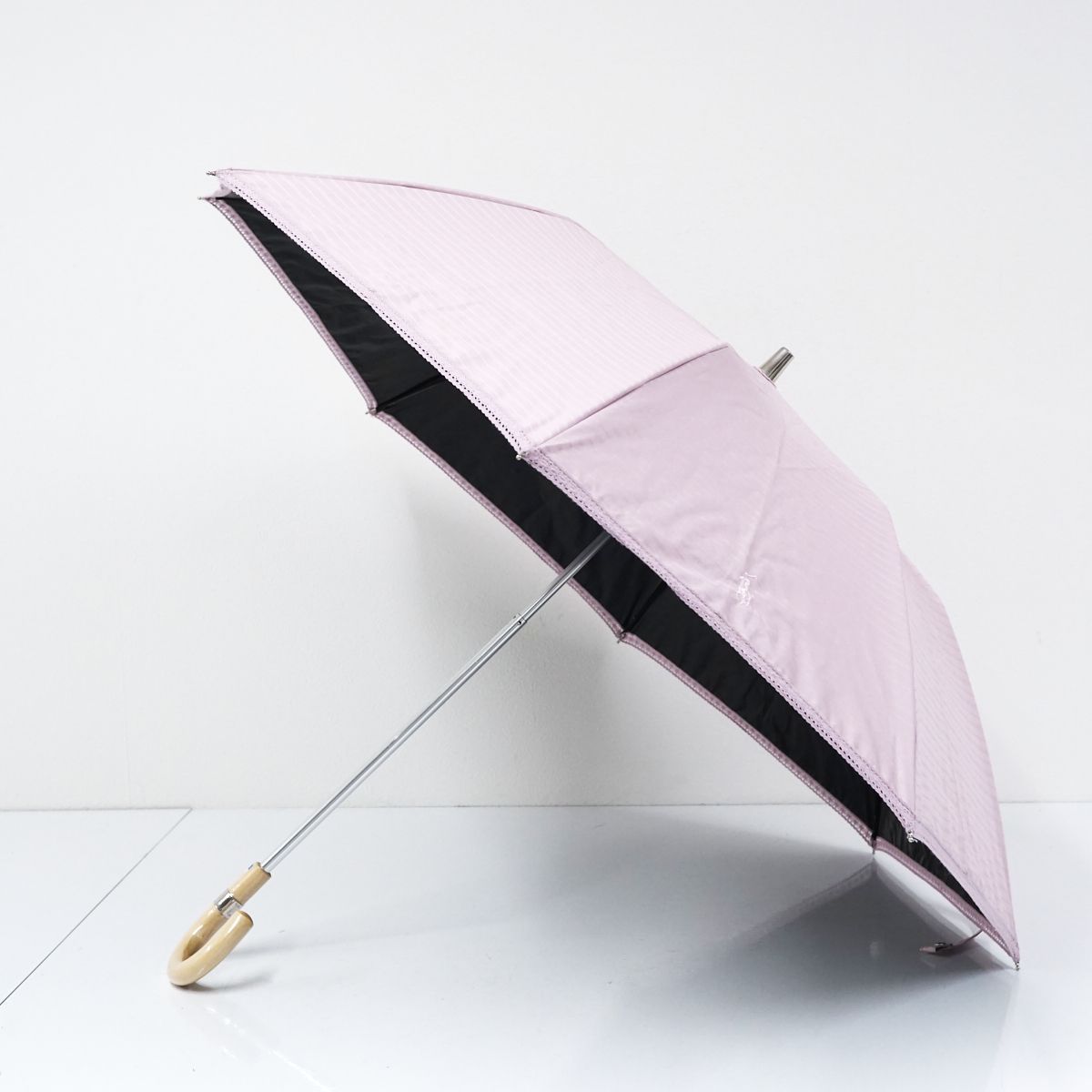 折りたたみ日傘 POLO RALPH LAUREN ラルフローレン USED美品 一級遮光 晴雨兼用 ジャガードボーダーｘレース ポロポニー 50cm FA8610