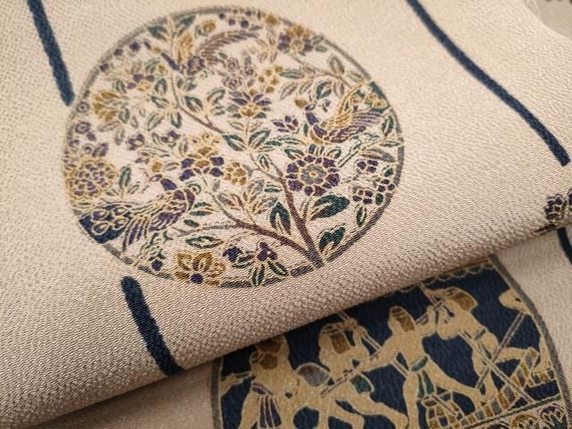 平和屋着物○九寸名古屋帯 人物花鳥文 鬼しぼ縮緬 正絹 逸品
